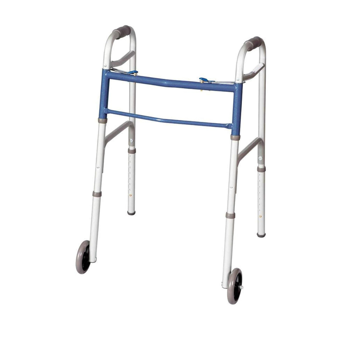 The Carex Classics Dual Button Folding Walker with Wheels is a lightweight, adjustable walker featuring two front wheels, rubber hand grips, and a silver frame with blue support bars for enhanced stability and mobility assistance.